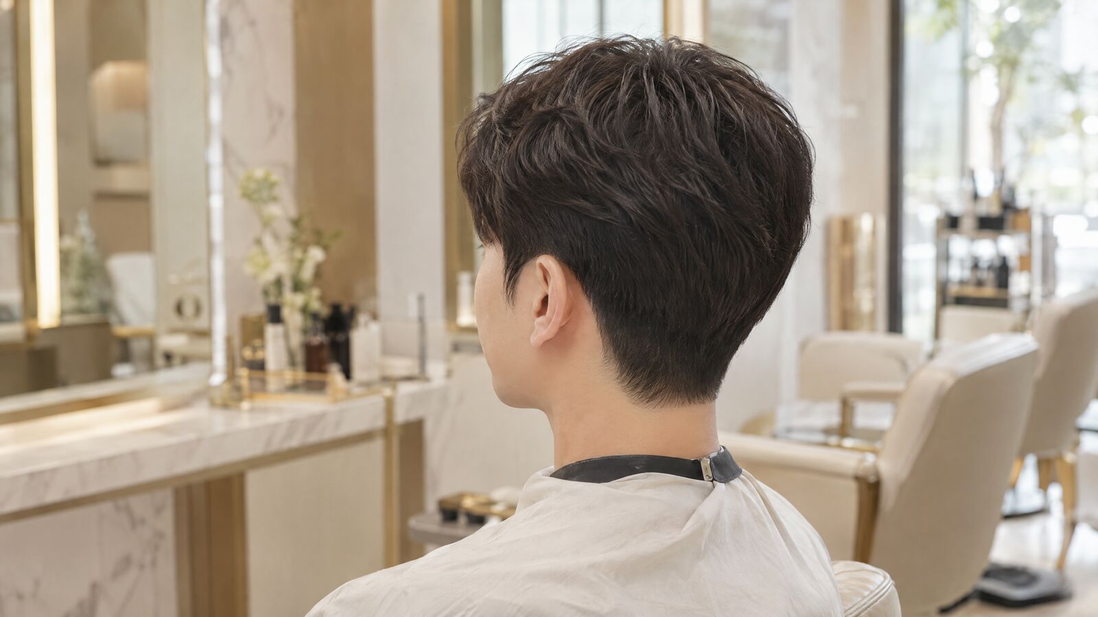A man's short Korean two-block haircut with the sides lying neat and flat