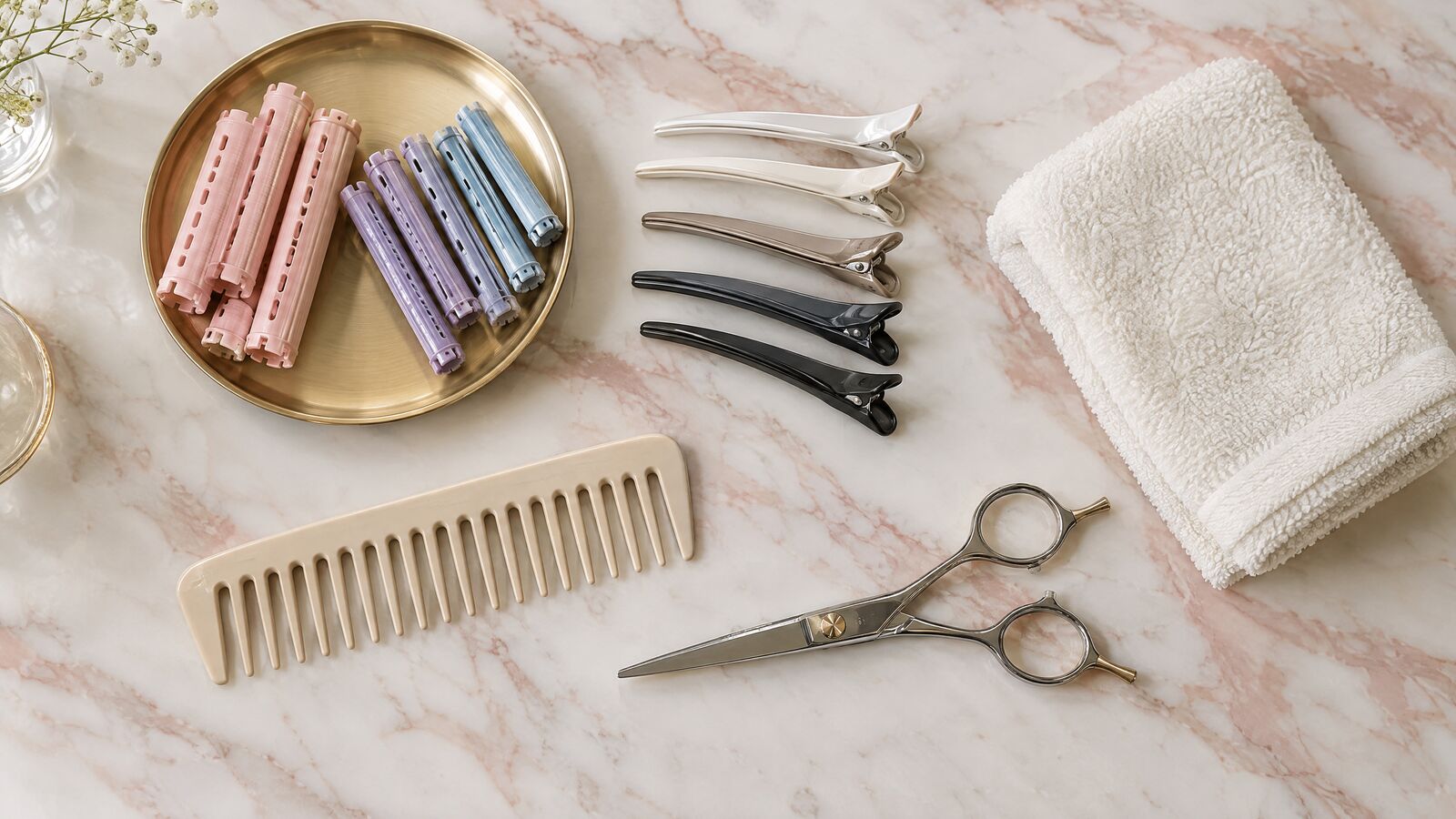 Perm rods, sectioning clips, a wide-tooth comb and scissors laid out on a marble counter