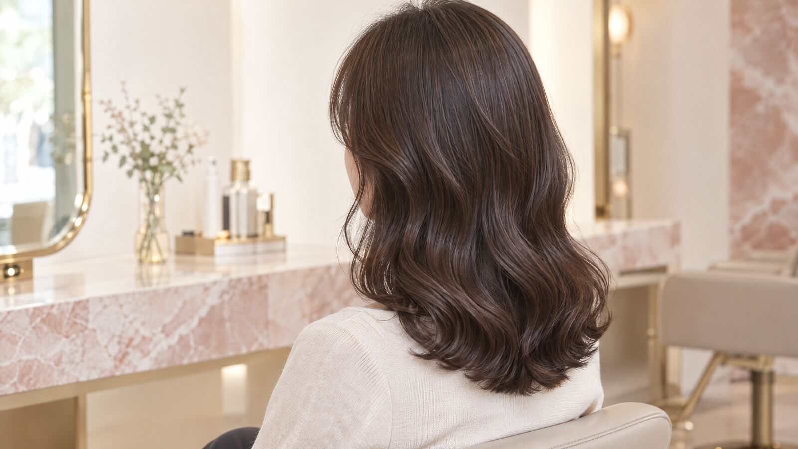 Shoulder-length dark brown hair with soft, loose Korean perm waves