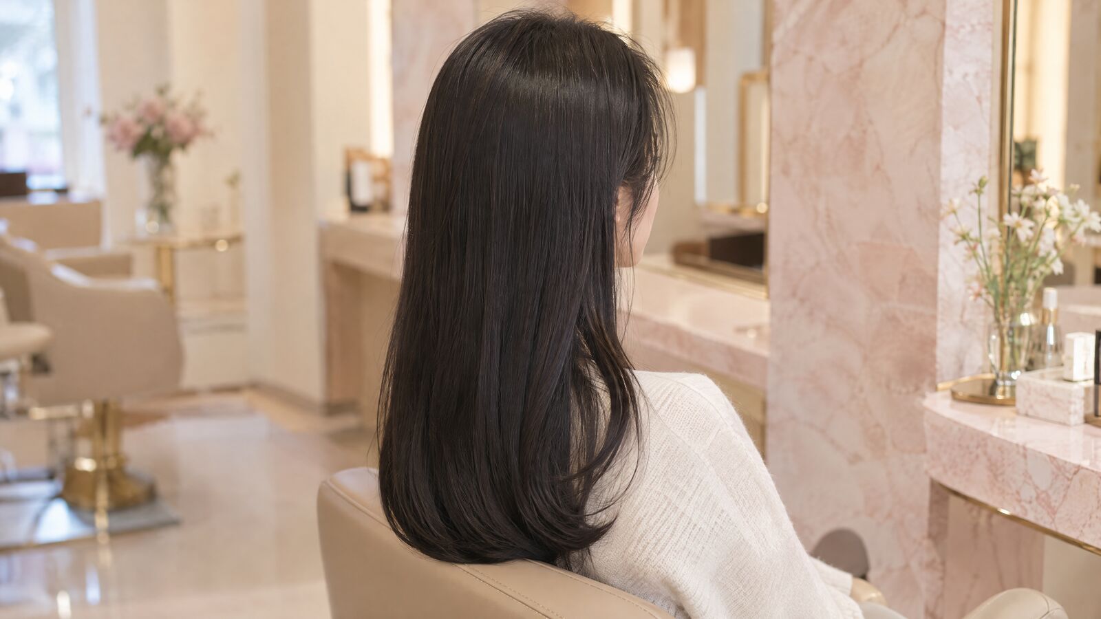 Long, smooth black hair with lift at the roots and ends that curve gently inward